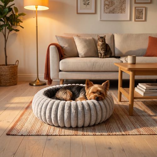 Yorkshire terrier asleep in the Light Grey NUZZO bed